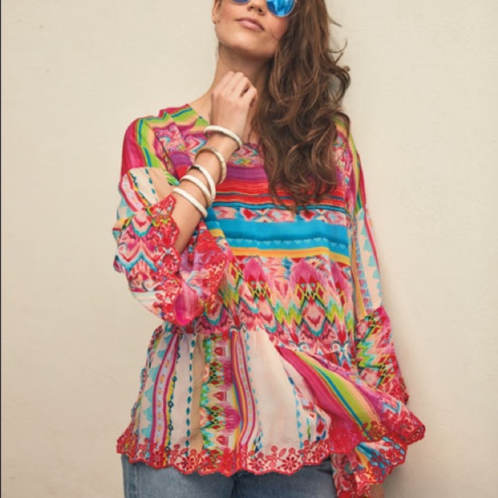 Johnny Was Porcelain Ruffle Boho Blouse Sz Small